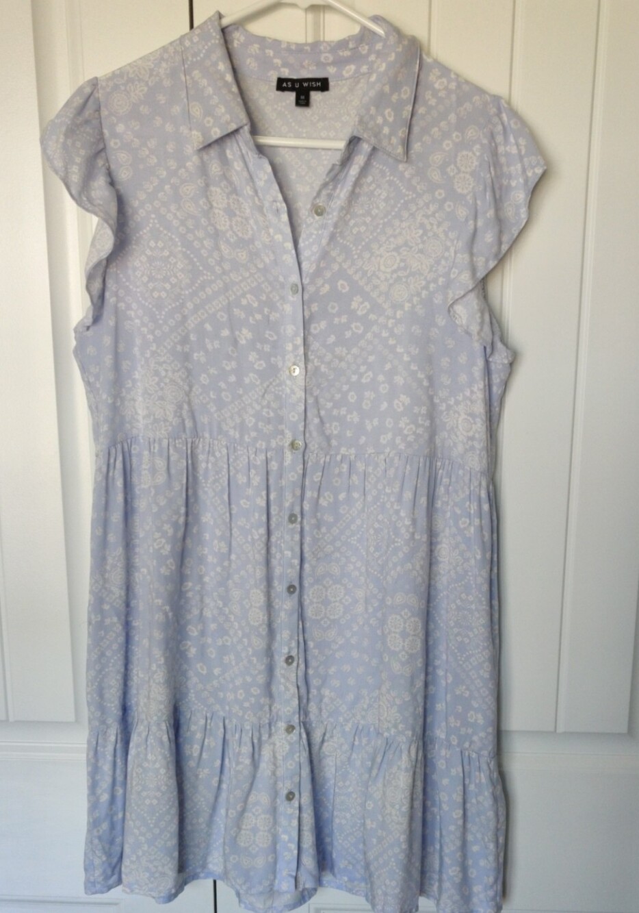 As U Wish Pale Blue and White Bandana-Print Button Mini Dress
